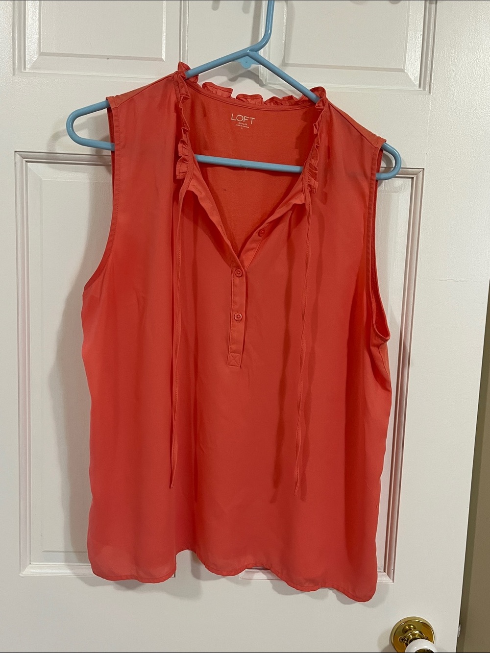 LOFT Coral Sleeveless Ruffle Tie-Neck Blouse